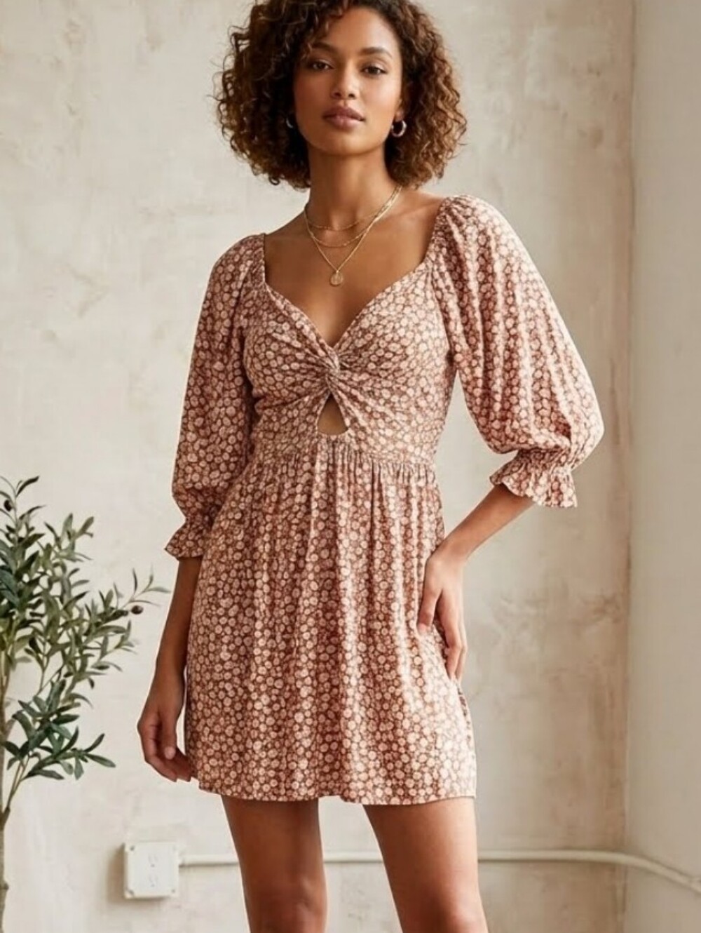 Angie Twist Front Ditsy Floral Mini Dress With Balloon Sleeves